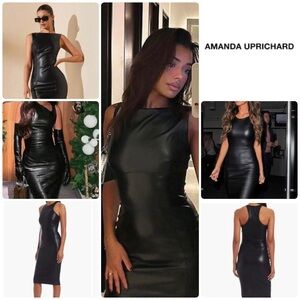 ‼️WOW‼️AMANDA UPRICHARD KIKI Dress Stretch BLACK Faux Leather Racer-back!